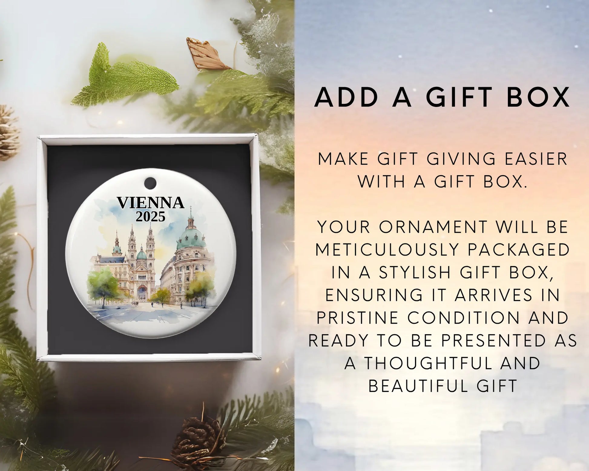 Vienna Austria Ornament Custom Gift Souvenir Bauble. Custom Vienna Austria ceramic photo ornament with personalized message – handmade Christmas bauble, gift souvenir, or vacation keepsake. Add gift box
