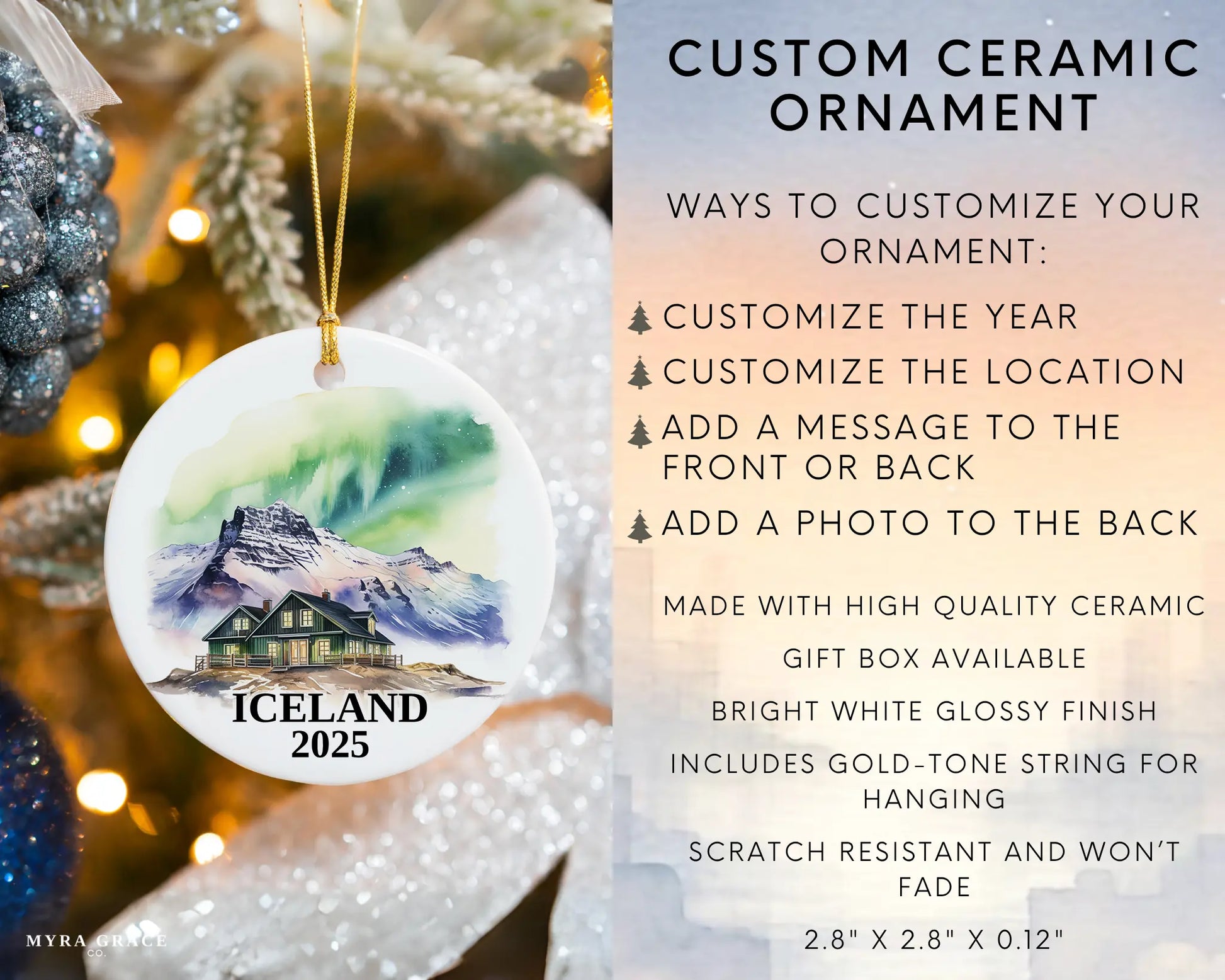 Custom Iceland ceramic photo ornament with personalized message – handmade Christmas bauble, gift souvenir, or vacation keepsake.  infographic