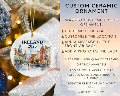 Custom Ireland ceramic photo ornament with personalized message – handmade Christmas bauble, gift souvenir, or vacation keepsake.  Infographic