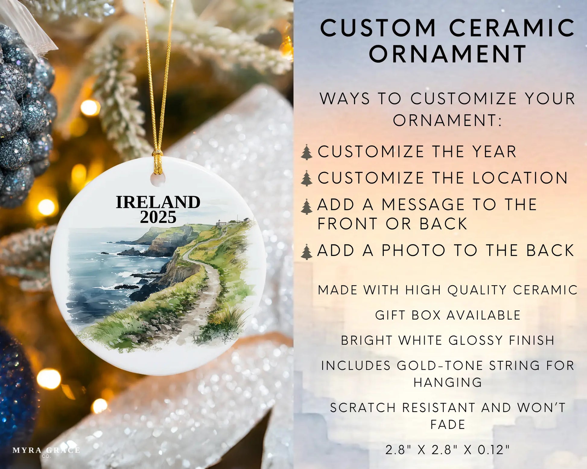 Custom Ireland Cliffs of Moher ceramic photo ornament with personalized message – handmade Christmas bauble, gift souvenir, or vacation keepsake.  Infographic