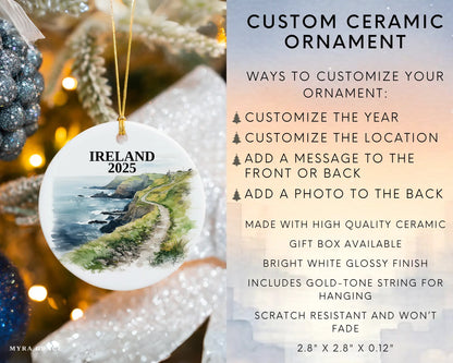 Custom Ireland Cliffs of Moher ceramic photo ornament with personalized message – handmade Christmas bauble, gift souvenir, or vacation keepsake.  Infographic