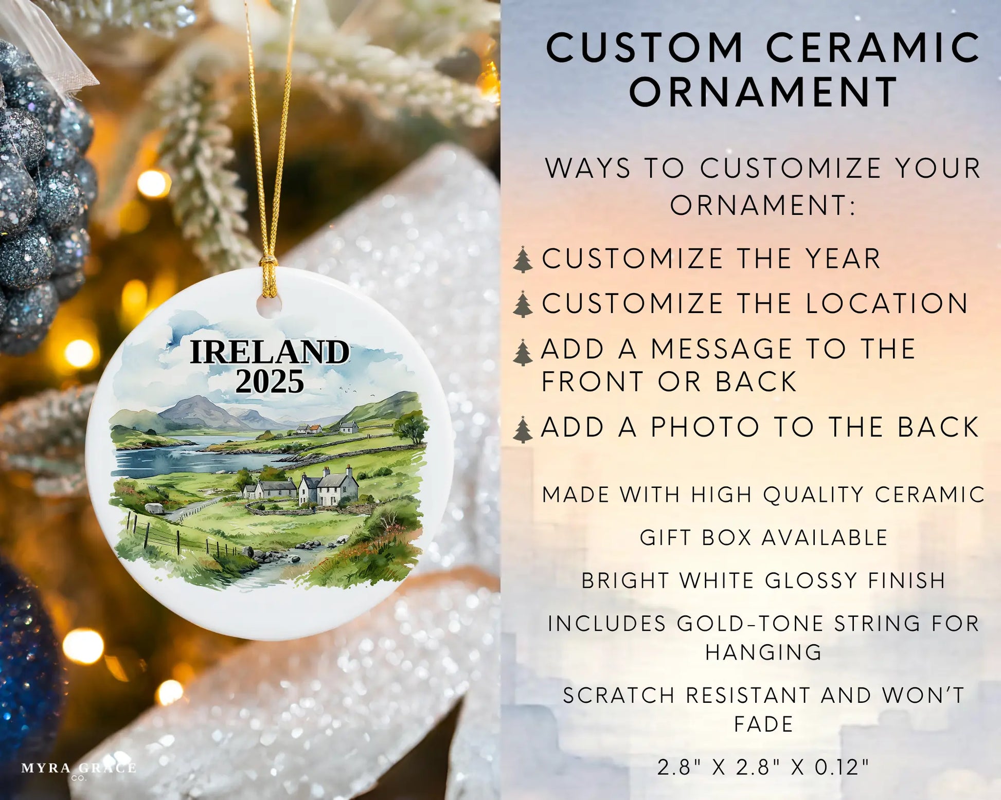 Custom Ireland ceramic photo ornament with personalized message – handmade Christmas bauble, gift souvenir, or vacation keepsake.  infographic