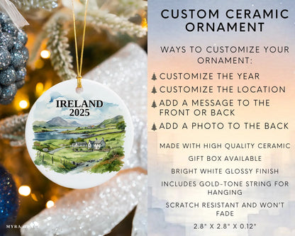 Custom Ireland ceramic photo ornament with personalized message – handmade Christmas bauble, gift souvenir, or vacation keepsake.  infographic