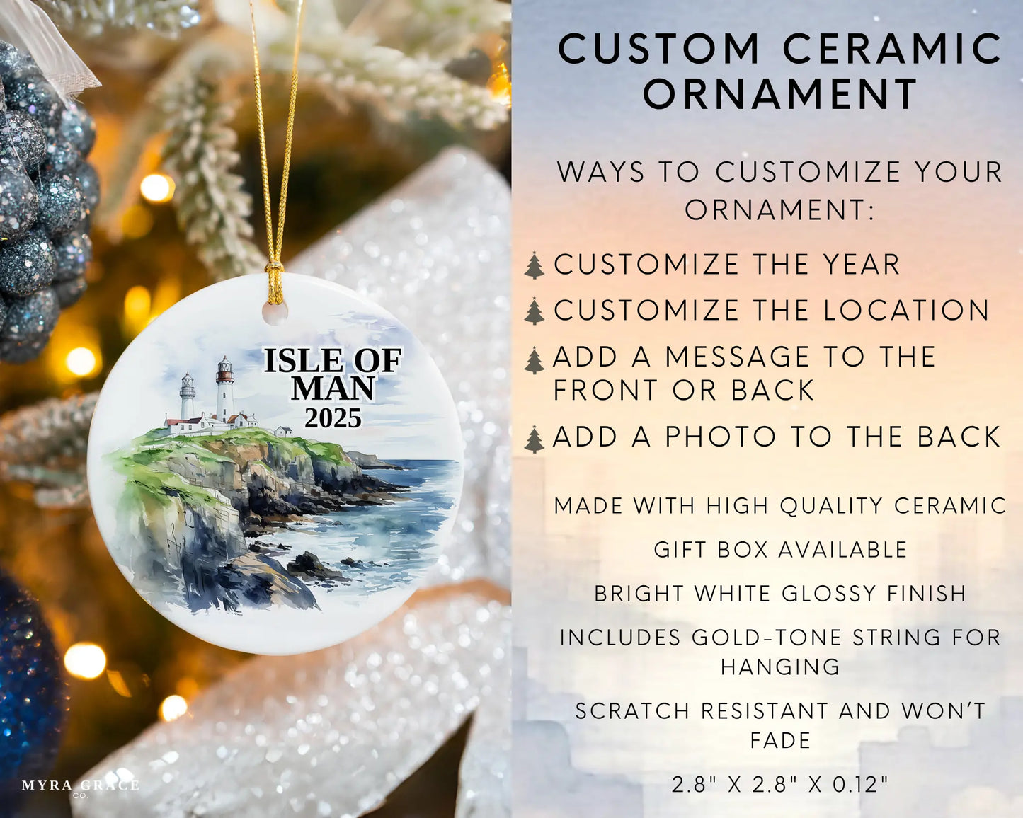 Custom Isle of Man ceramic photo ornament with personalized message – handmade Christmas bauble, gift souvenir, or vacation keepsake.  Infographic