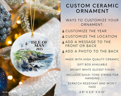 Custom Isle of Man ceramic photo ornament with personalized message – handmade Christmas bauble, gift souvenir, or vacation keepsake.  Infographic