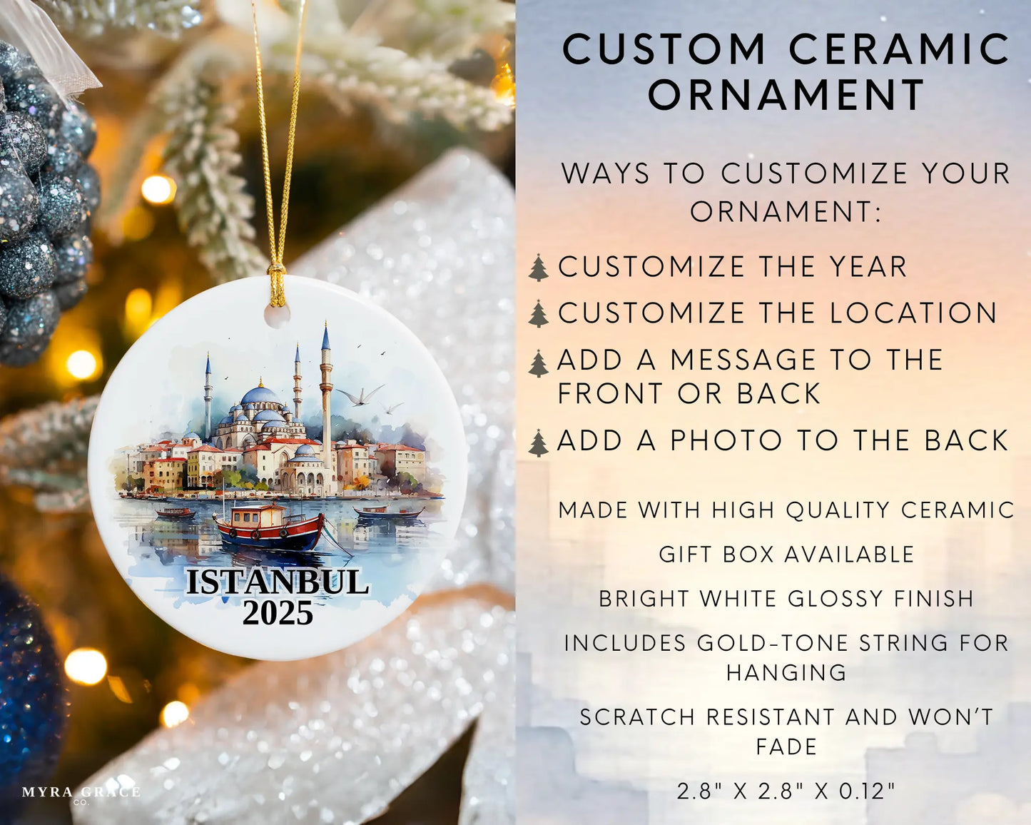 Custom Istanbul Turkey ceramic photo ornament with personalized message – handmade Christmas bauble, gift souvenir, or vacation keepsake.  Infographic