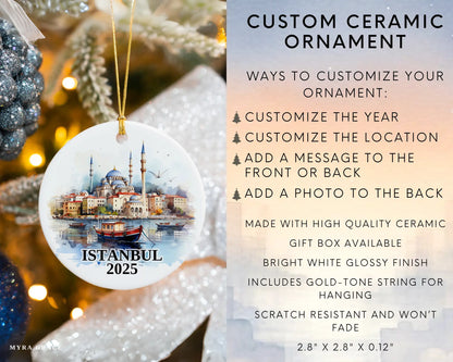 Custom Istanbul Turkey ceramic photo ornament with personalized message – handmade Christmas bauble, gift souvenir, or vacation keepsake.  Infographic