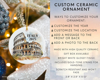 Custom Italy Rome Colosseum ceramic photo ornament with personalized message – handmade Christmas bauble, gift souvenir, or vacation keepsake.  infographic