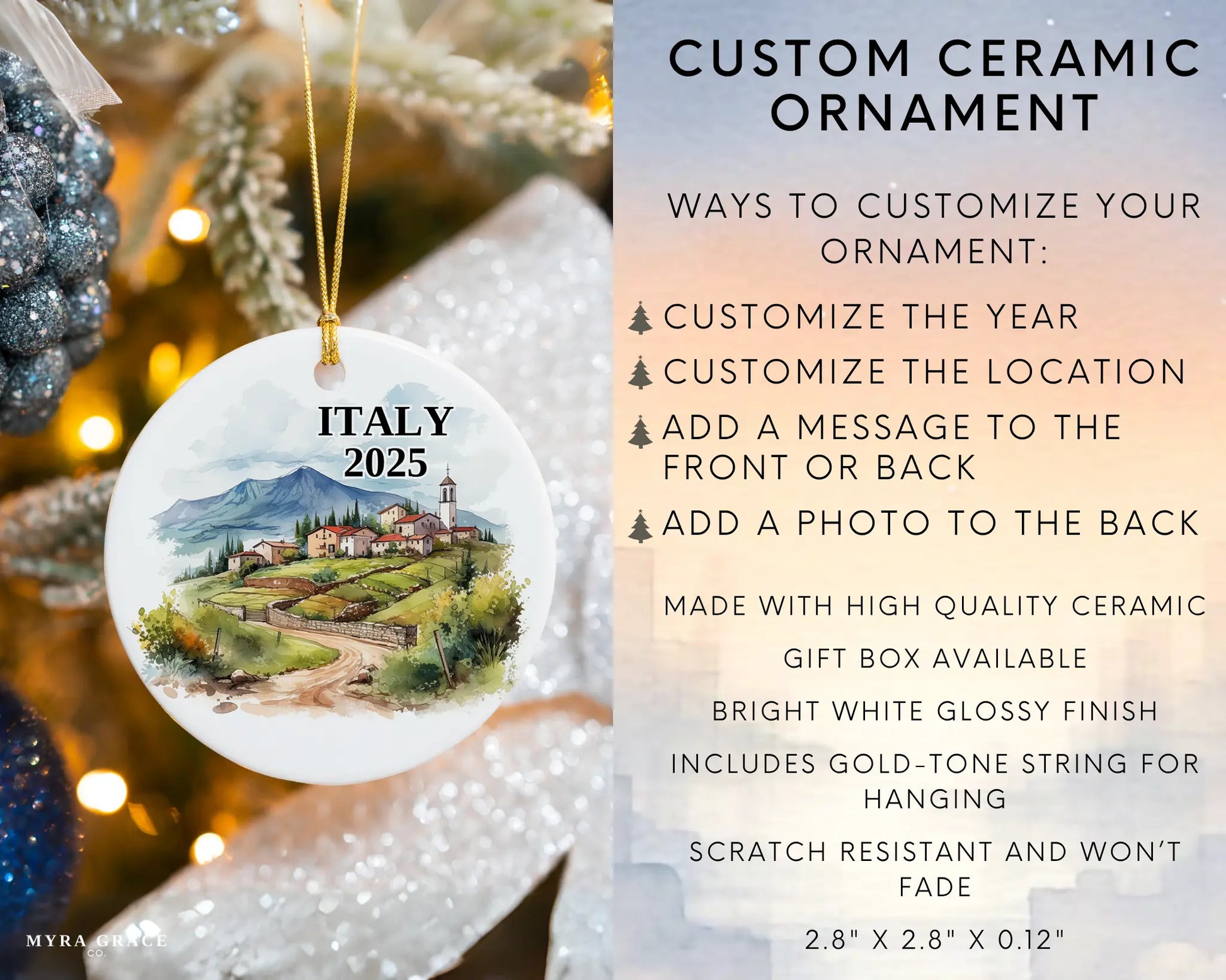 Custom Italy ceramic photo ornament with personalized message – handmade Christmas bauble, gift souvenir, or vacation keepsake.  Infographic