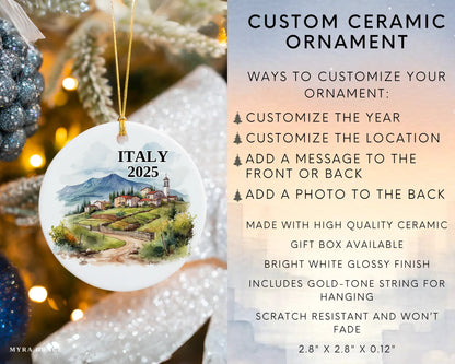 Custom Italy ceramic photo ornament with personalized message – handmade Christmas bauble, gift souvenir, or vacation keepsake.  Infographic