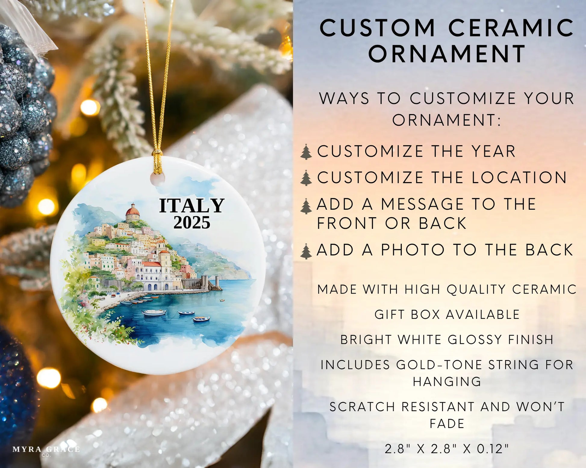 Custom Amalfi Coast Italy ceramic photo ornament with personalized message – handmade Christmas bauble, gift souvenir, or vacation keepsake.  Infographic