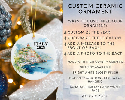 Custom Amalfi Coast Italy ceramic photo ornament with personalized message – handmade Christmas bauble, gift souvenir, or vacation keepsake.  Infographic