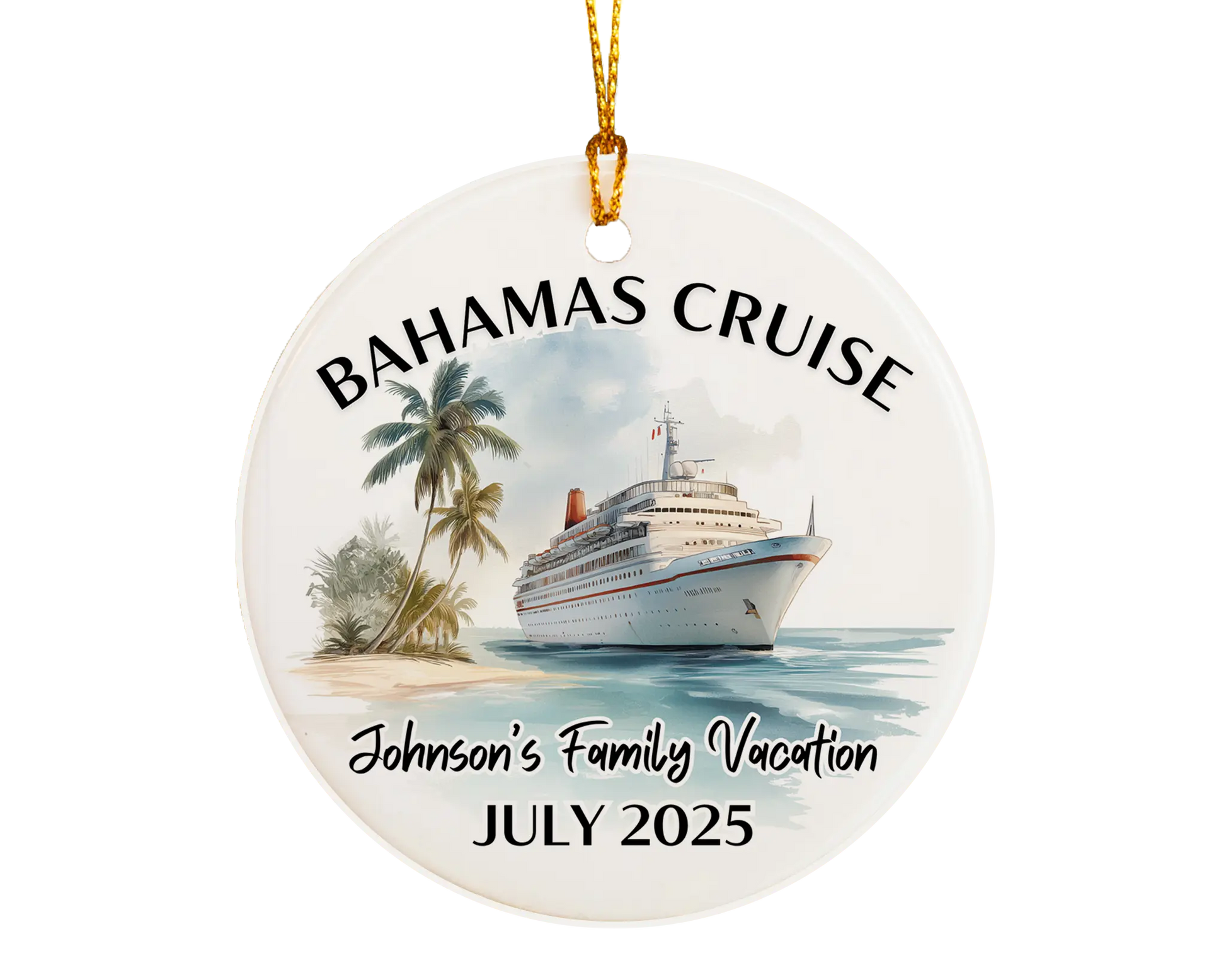 Handmade ceramic Bahamas cruise ornament with personalized location and photo – custom Christmas bauble or cruise vacation souvenir.
