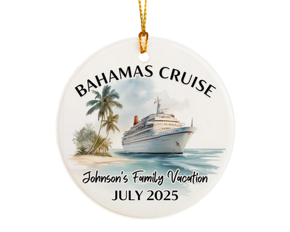 Handmade ceramic Bahamas cruise ornament with personalized location and photo – custom Christmas bauble or cruise vacation souvenir.