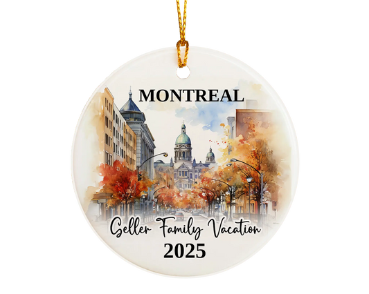 Custom vacation Montreal Quebec ceramic photo ornament with personalized message – handmade Christmas bauble, gift souvenir, or vacation keepsake. 
