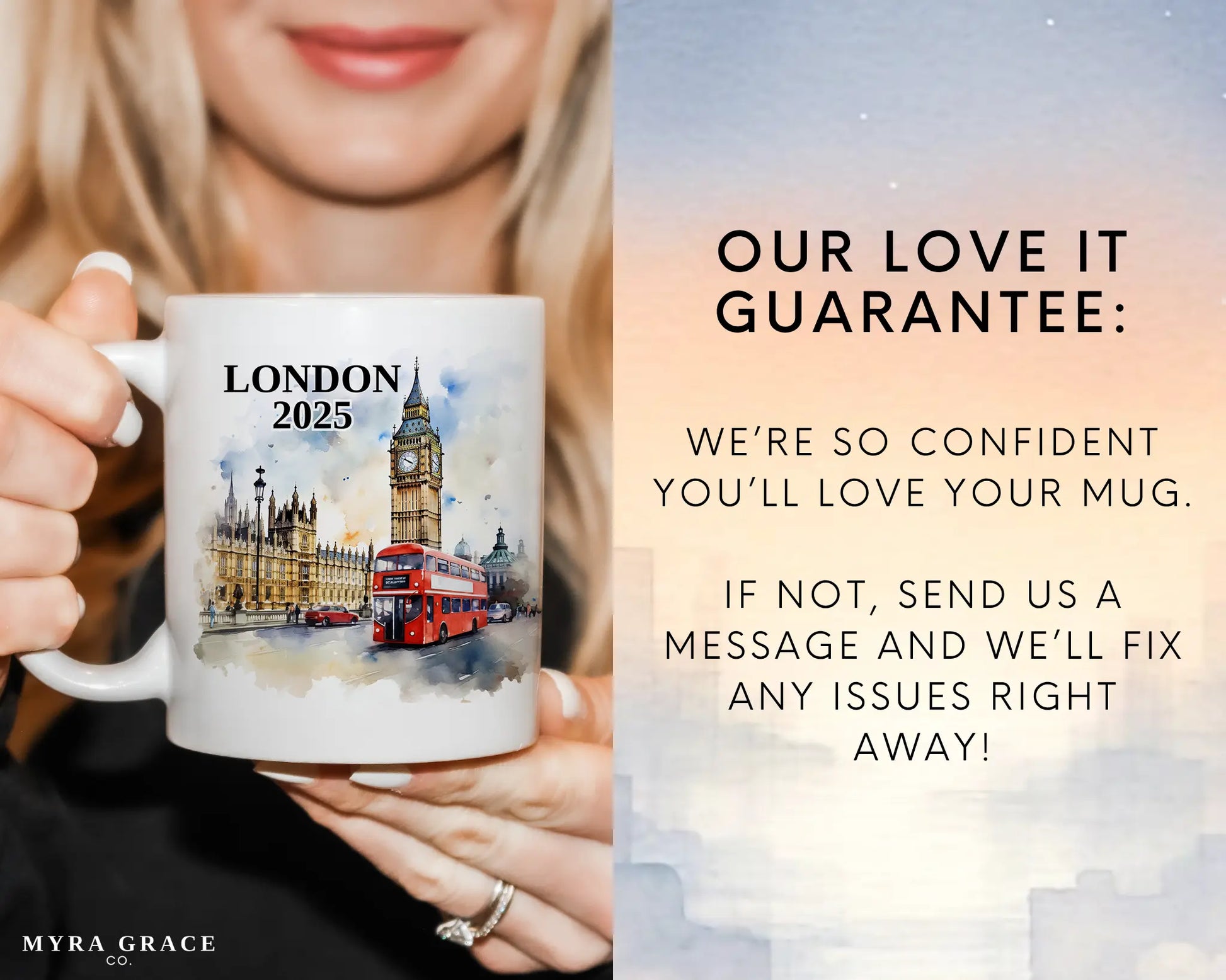 Custom ceramic London vacation mug with watercolor location design, date, and personal photo – personalized travel gift or photo mug. Love it guarantee