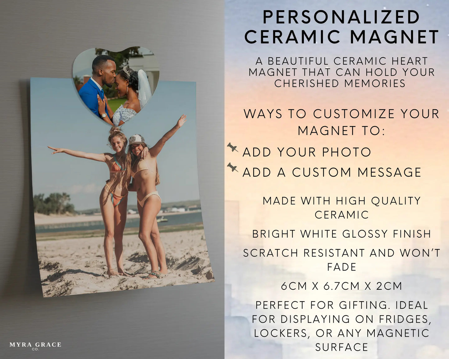Heart-shaped custom wedding ceramic photo magnet on fridge – handmade personalized gift or Christmas fridge magnet. Infographic