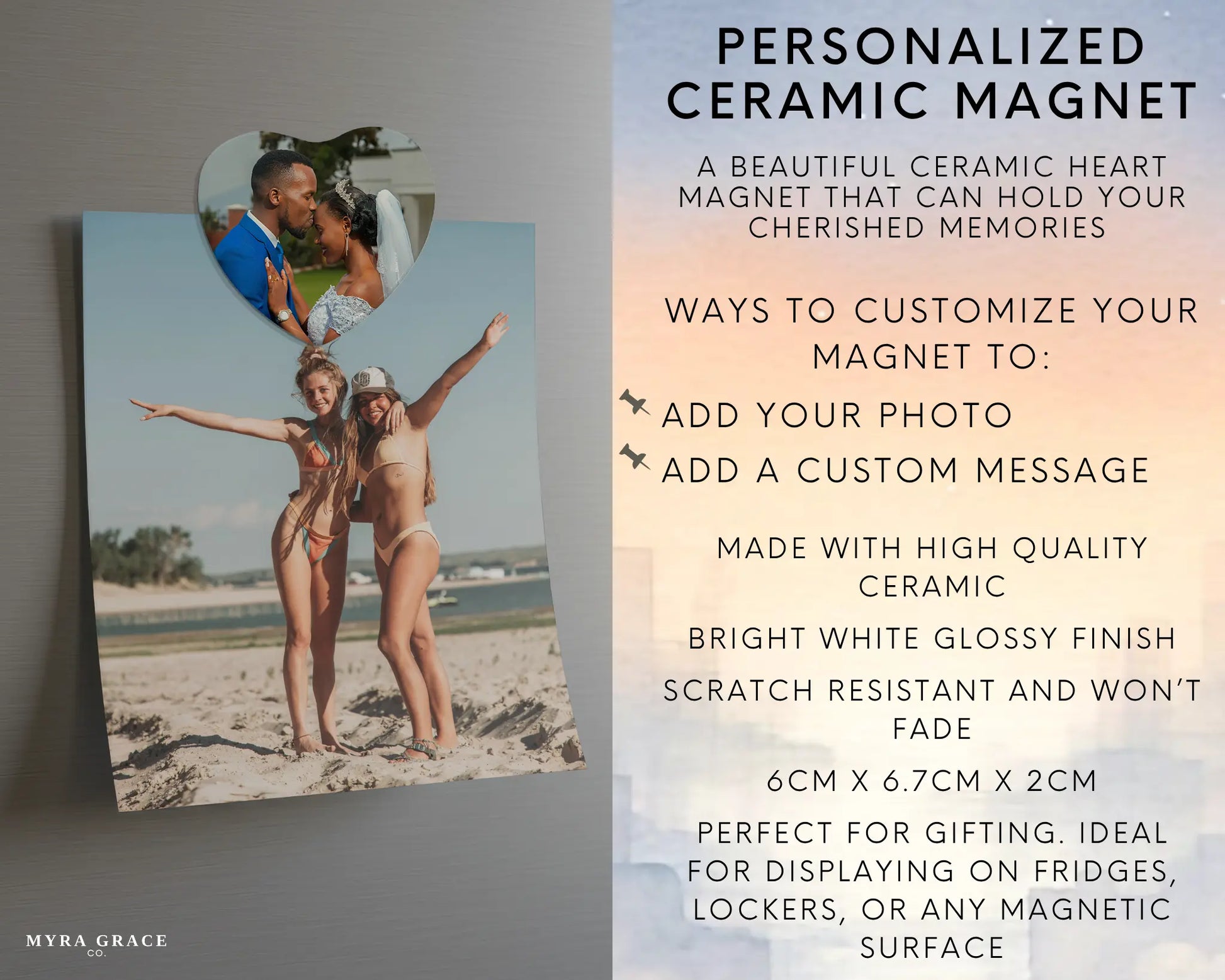 Heart-shaped custom wedding ceramic photo magnet on fridge – handmade personalized gift or Christmas fridge magnet. Infographic