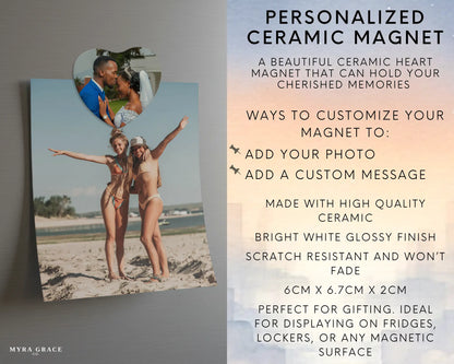 Heart-shaped custom wedding ceramic photo magnet on fridge – handmade personalized gift or Christmas fridge magnet. Infographic