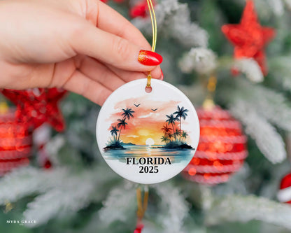 Custom Florida ceramic photo ornament with personalized message – handmade Christmas bauble, gift souvenir, or vacation keepsake.  