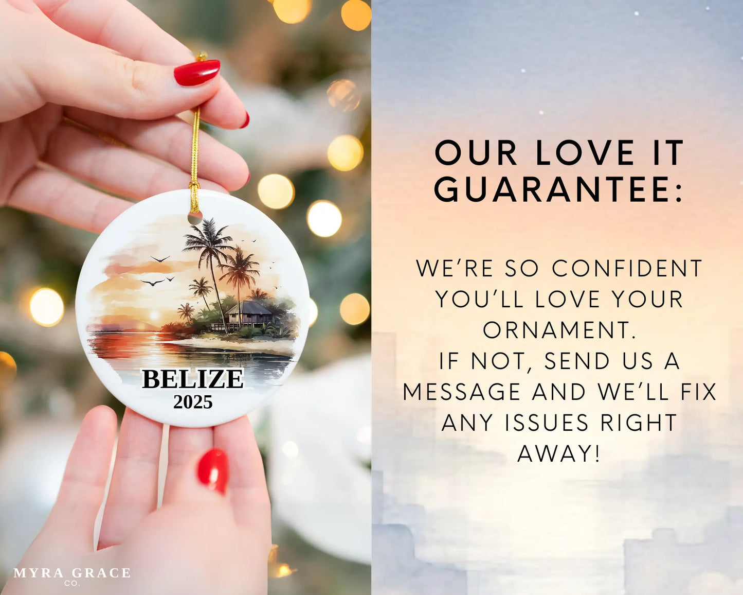 Custom Belize ceramic photo ornament with personalized message – handmade Christmas bauble, gift souvenir, or vacation keepsake.  Love it guarantee
