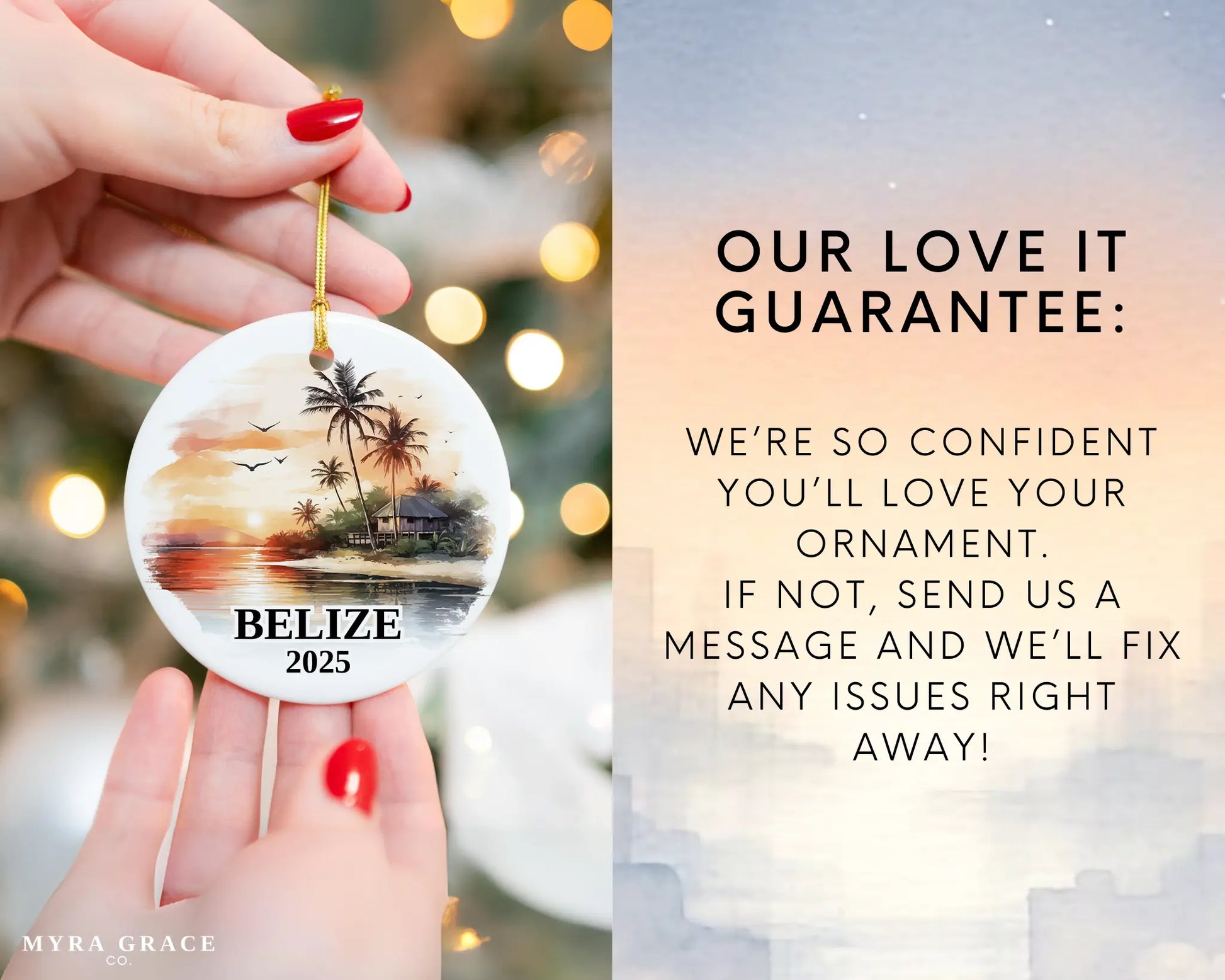 Custom Belize ceramic photo ornament with personalized message – handmade Christmas bauble, gift souvenir, or vacation keepsake.  Love it guarantee