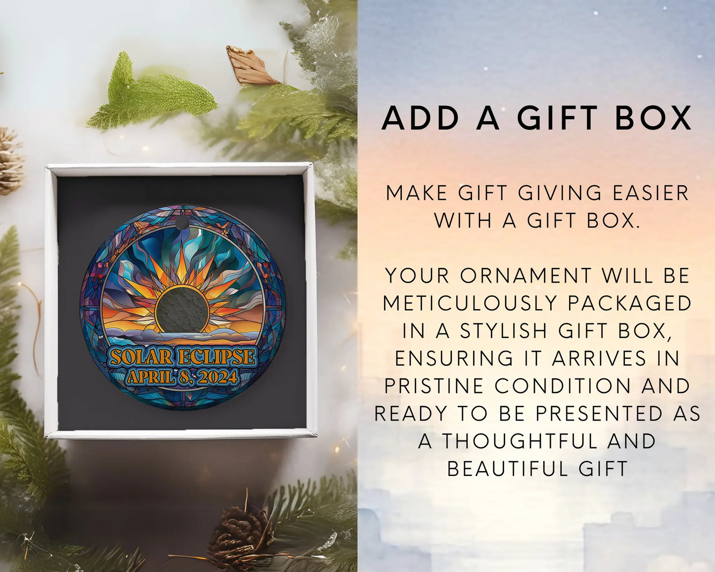Ceramic solar eclipse 2024 ornament with celestial design – space-themed gift or keepsake. Add gift box
