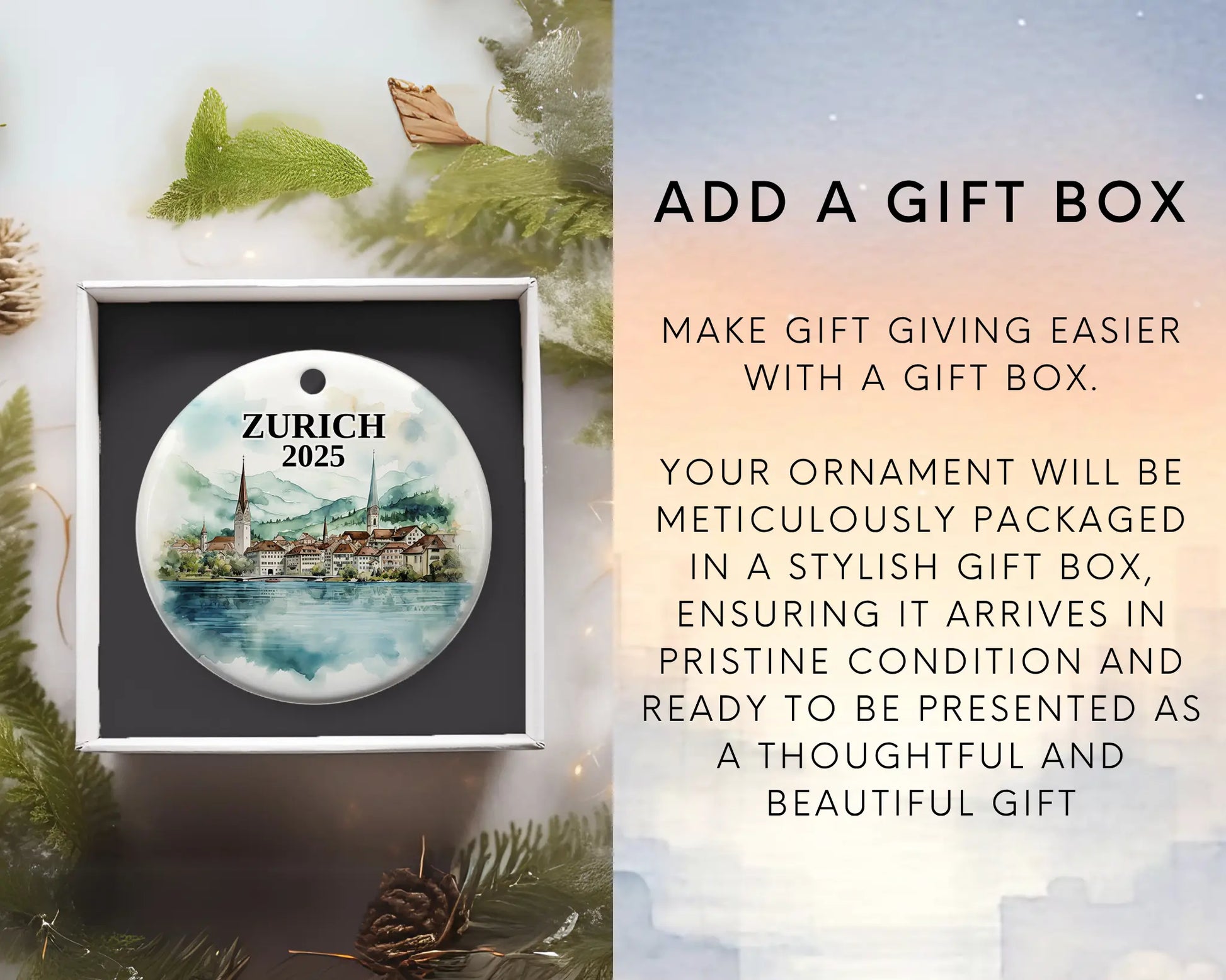 Zurich Switzerland Ornament Custom Gift Souvenir Bauble. Custom Zurich Switzerland ceramic photo ornament with personalized message – handmade Christmas bauble, gift souvenir, or vacation keepsake. Add gift box