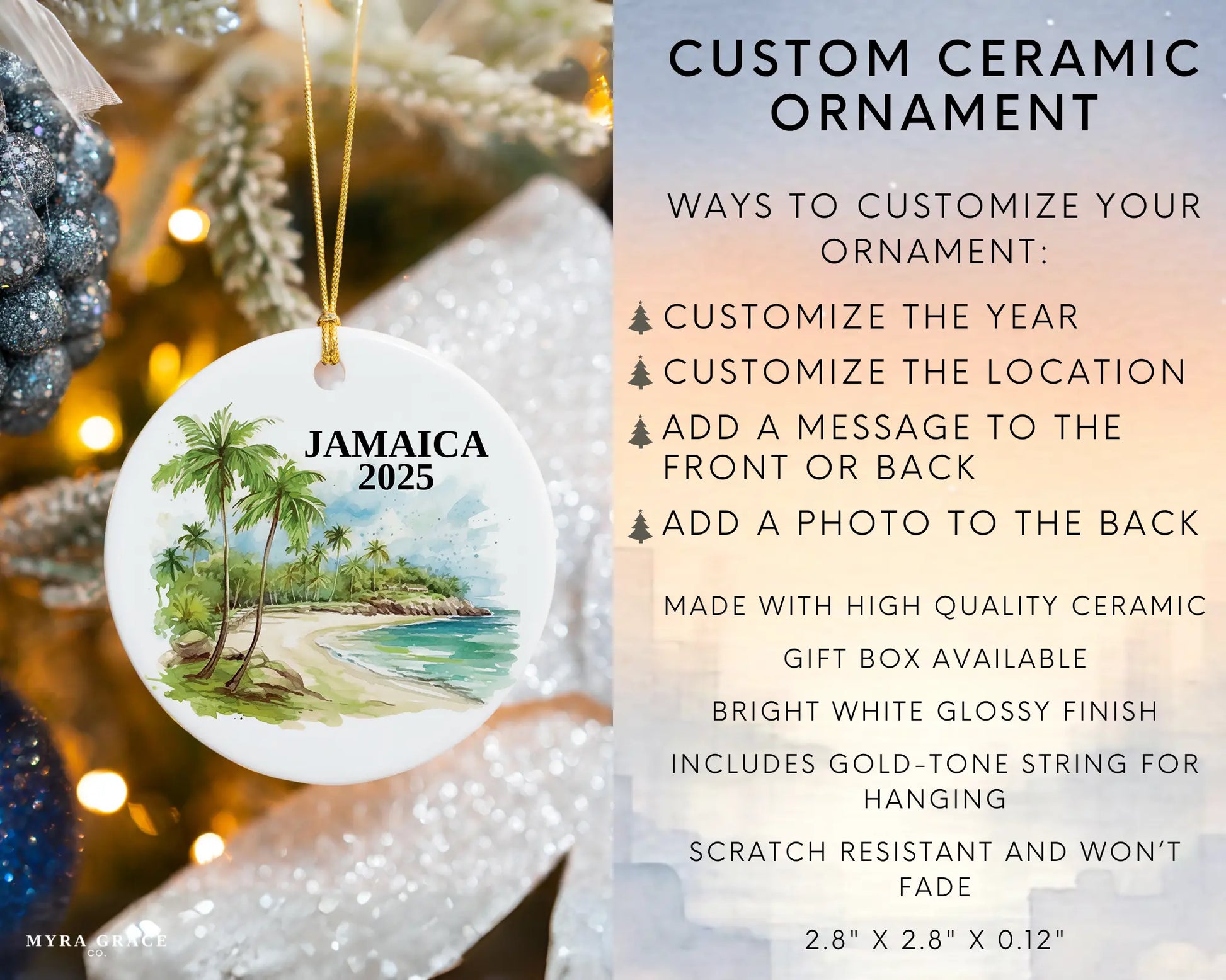 Custom Jamaica ceramic photo ornament with personalized message – handmade Christmas bauble, gift souvenir, or vacation keepsake.  Infographic