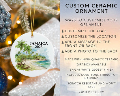 Custom Jamaica ceramic photo ornament with personalized message – handmade Christmas bauble, gift souvenir, or vacation keepsake.  Infographic