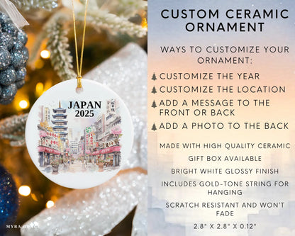 Custom Japan ceramic photo ornament with personalized message – handmade Christmas bauble, gift souvenir, or vacation keepsake.  Infographic