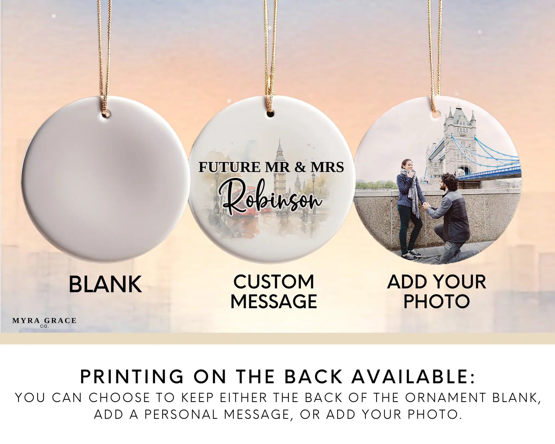 London Engagement Ornament Custom Gift Souvenir Bauble Present. Add your photo. Photo ornament