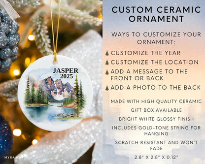 Custom Jasper Alberta Canada ceramic photo ornament with personalized message – handmade Christmas bauble, gift souvenir, or vacation keepsake.  Infographic