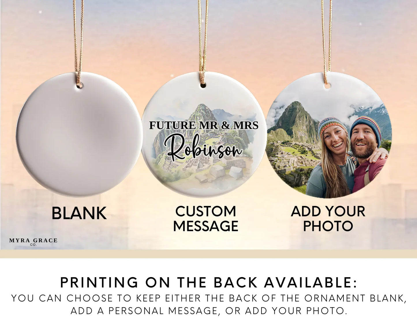 Machu Picchu Engagement Ornament Custom Gift Souvenir Bauble Present. Add your photo. Photo ornament