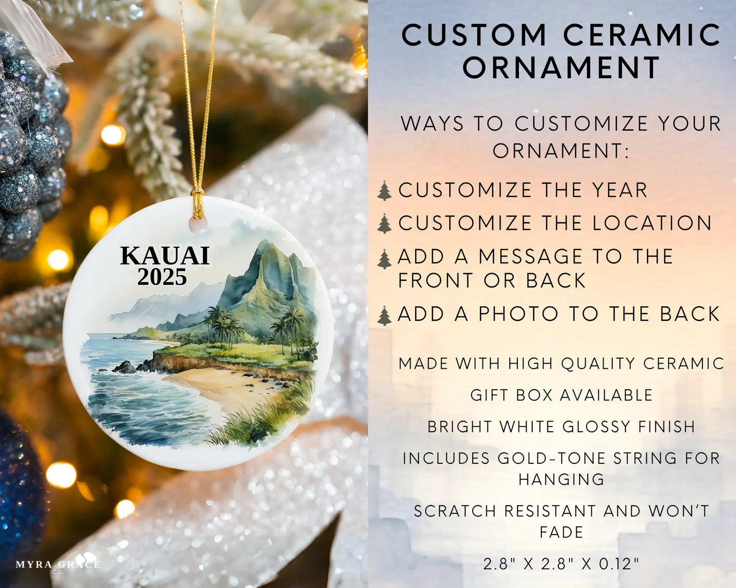 Custom Kauai Hawaii ceramic photo ornament with personalized message – handmade Christmas bauble, gift souvenir, or vacation keepsake.  Infographic