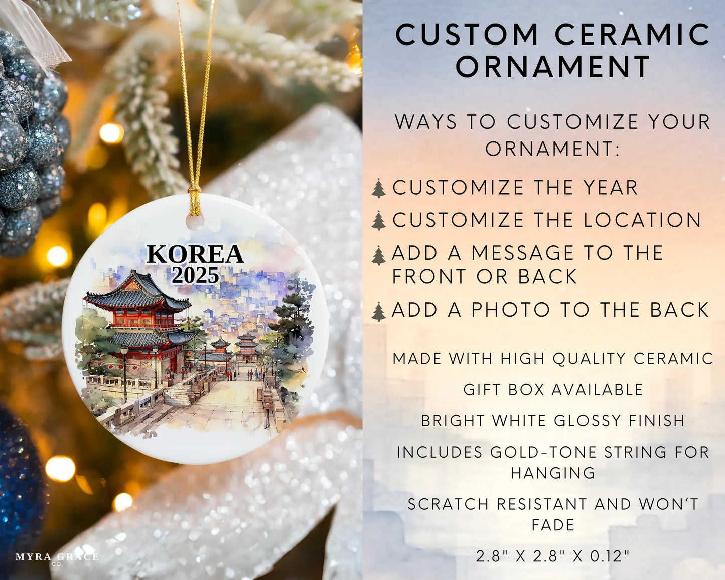 Custom Korea ceramic photo ornament with personalized message – handmade Christmas bauble, gift souvenir, or vacation keepsake.  Infographic