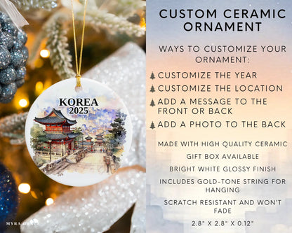 Custom Korea ceramic photo ornament with personalized message – handmade Christmas bauble, gift souvenir, or vacation keepsake.  Infographic