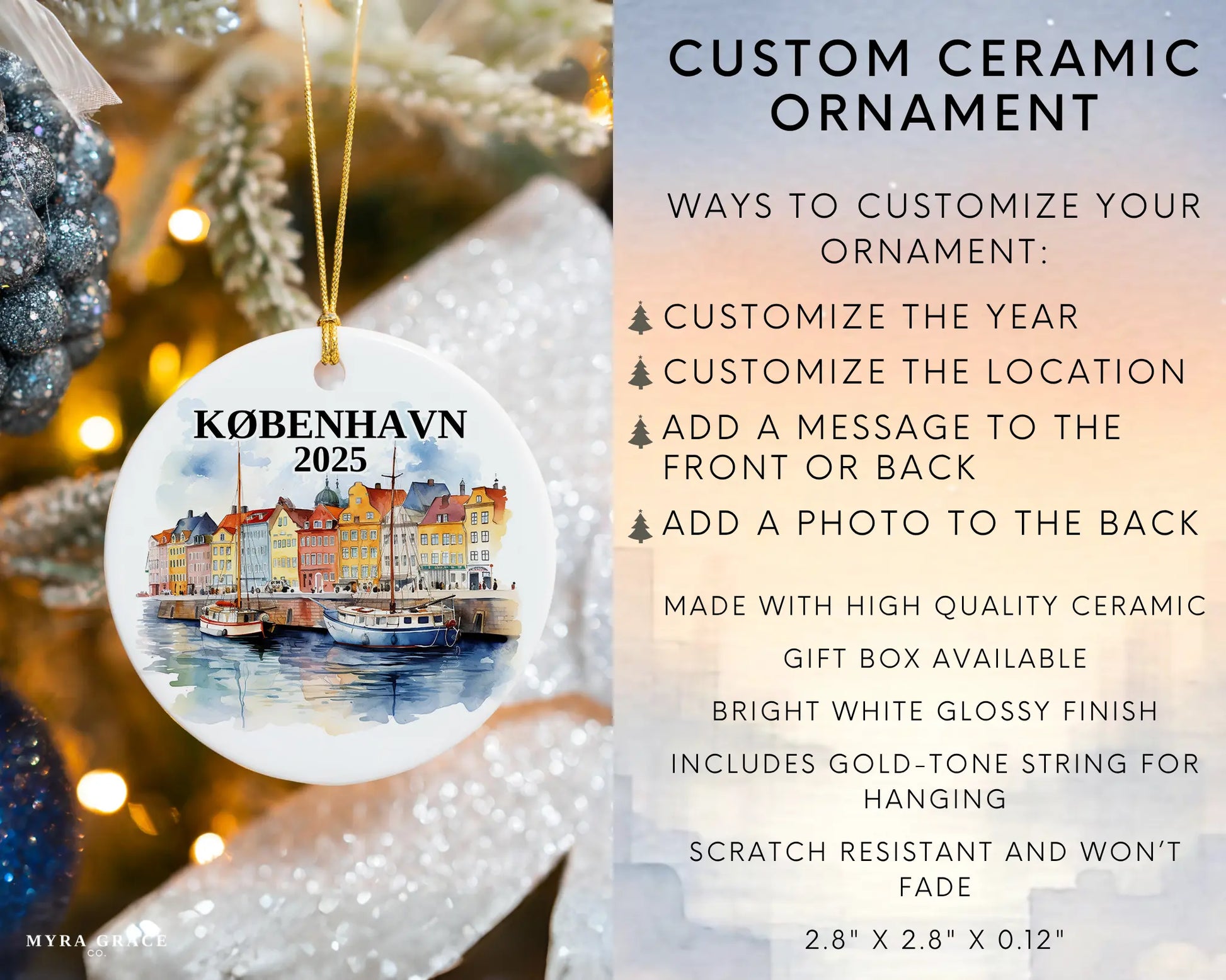 Custom København Copenhagen Denmark ceramic photo ornament with personalized message – handmade Christmas bauble, gift souvenir, or vacation keepsake.  Infographic