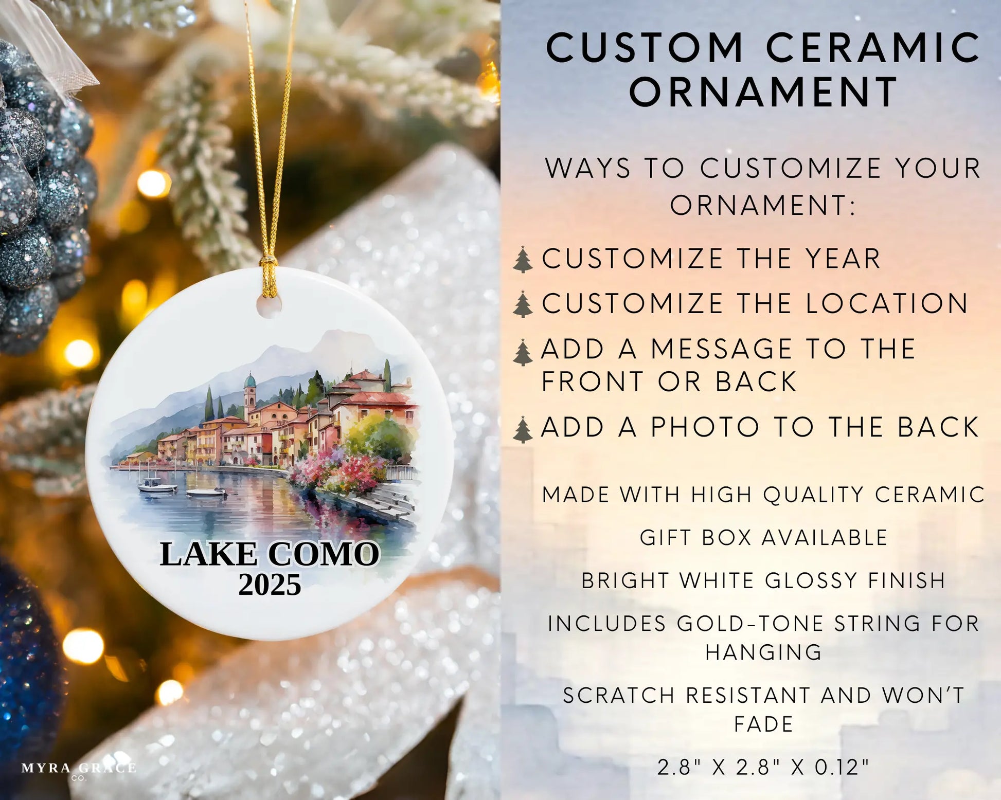 Custom Lake Como Italy ceramic photo ornament with personalized message – handmade Christmas bauble, gift souvenir, or vacation keepsake.  Infographic