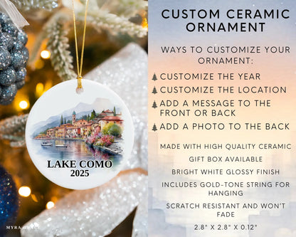 Custom Lake Como Italy ceramic photo ornament with personalized message – handmade Christmas bauble, gift souvenir, or vacation keepsake.  Infographic