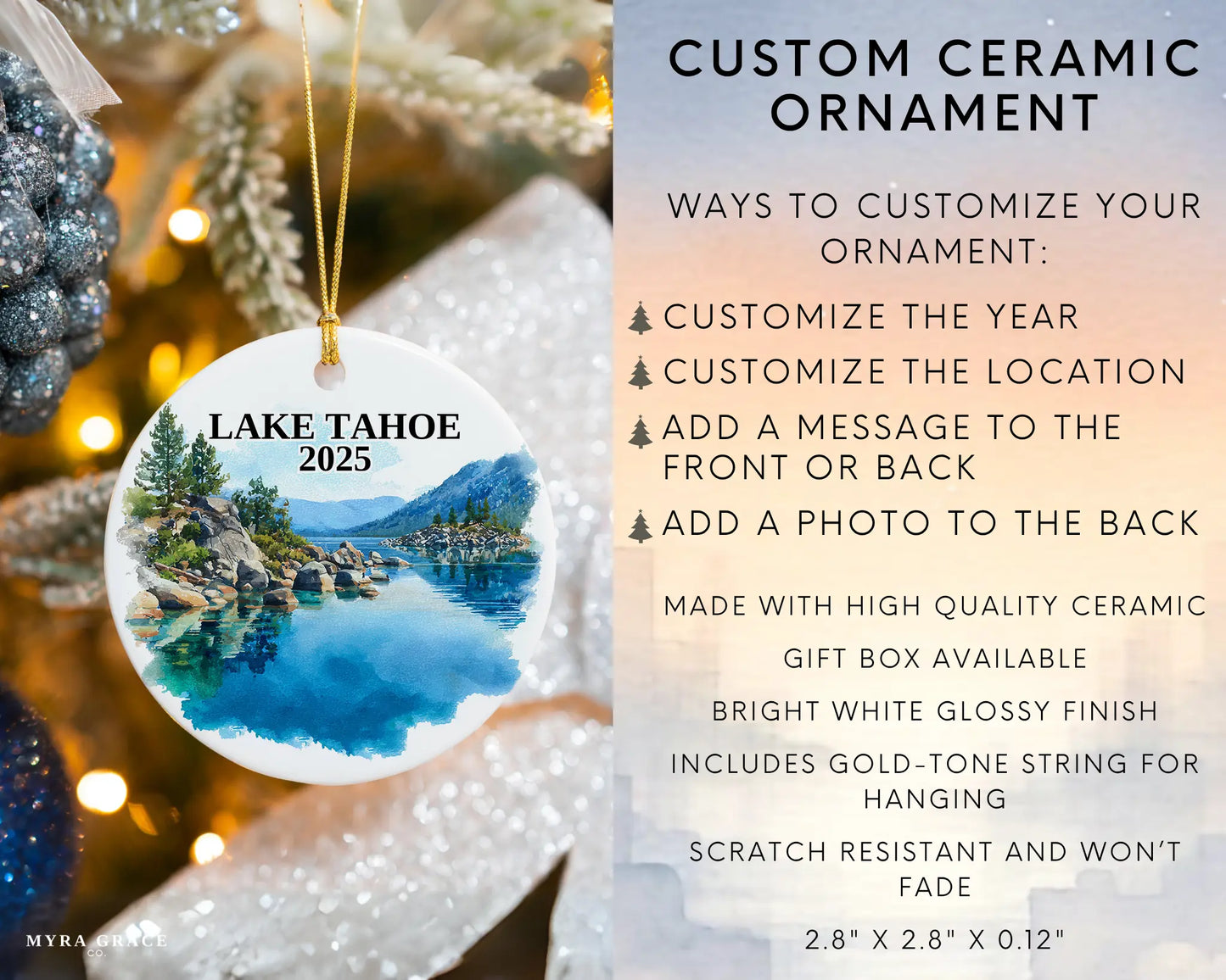 Custom Lake Tahoe California Nevada ceramic photo ornament with personalized message – handmade Christmas bauble, gift souvenir, or vacation keepsake.  infographic
