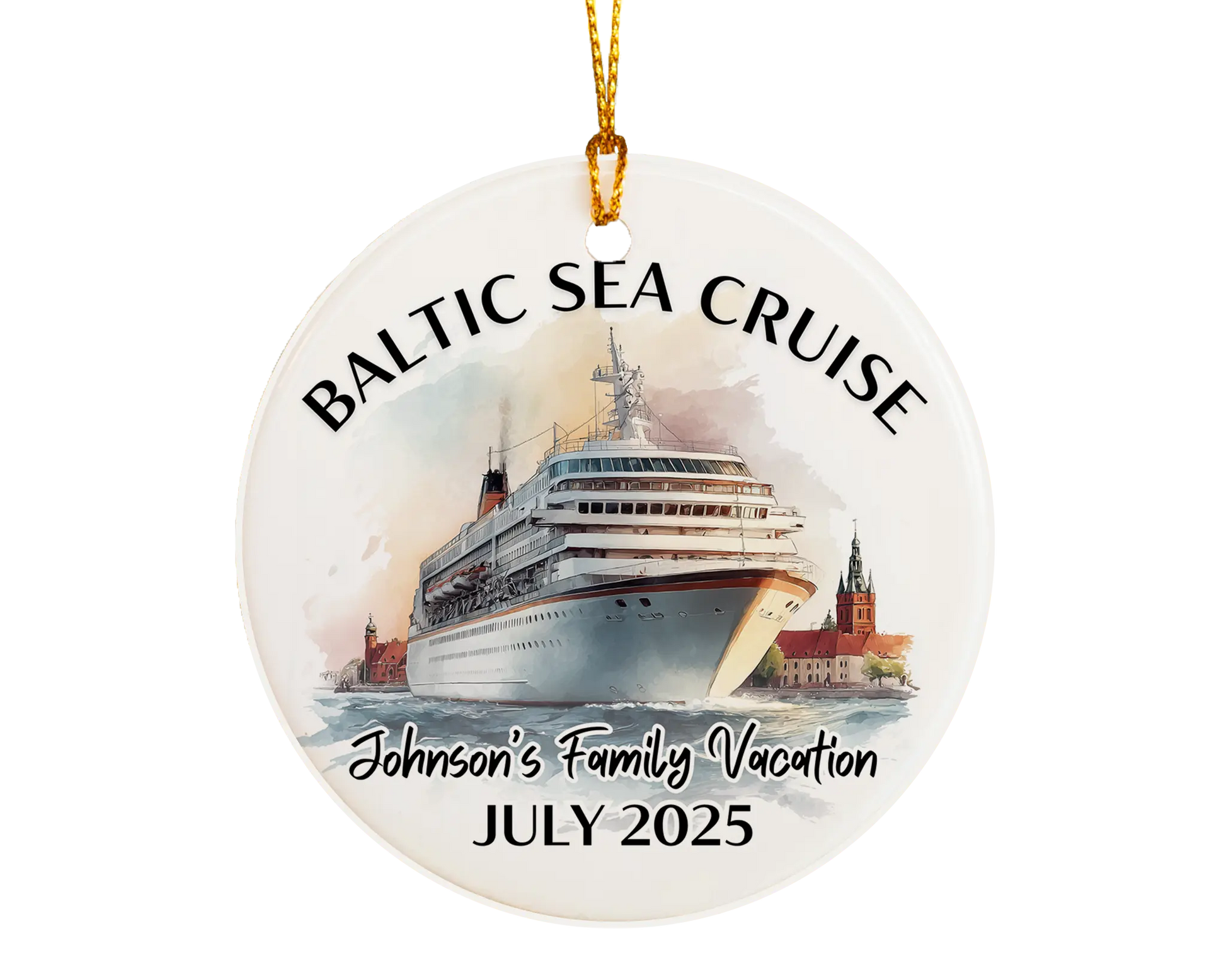 Handmade ceramic Baltic Sea Scandinavia cruise ornament with personalized location and photo – custom Christmas bauble or cruise vacation souvenir.
