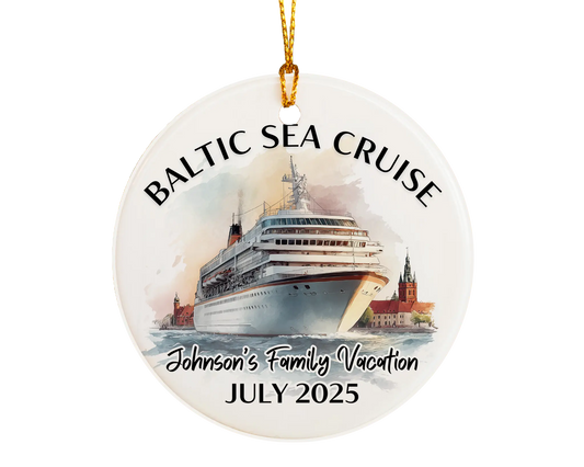 Handmade ceramic Baltic Sea Scandinavia cruise ornament with personalized location and photo – custom Christmas bauble or cruise vacation souvenir.