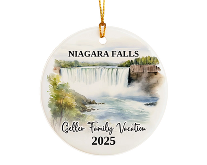 Custom vacation Niagara Falls ceramic photo ornament with personalized message – handmade Christmas bauble, gift souvenir, or vacation keepsake. 