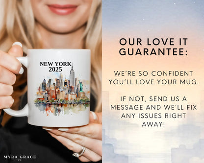 Custom ceramic New York vacation mug with watercolor location design, date, and personal photo – personalized travel gift or photo mug. Love it guarantee