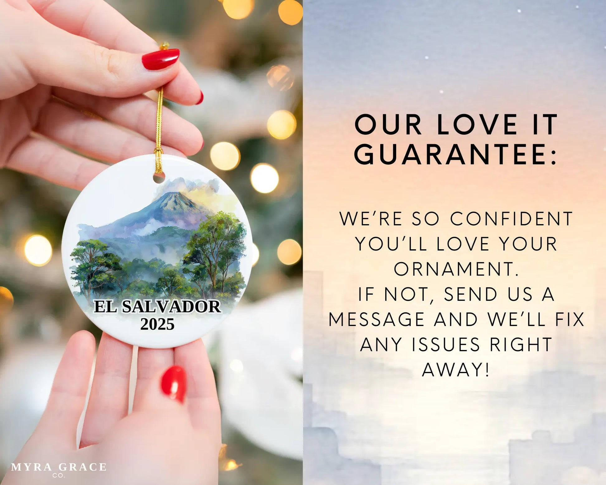 Custom El Salvador ceramic photo ornament with personalized message – handmade Christmas bauble, gift souvenir, or vacation keepsake.  Love it guarantee