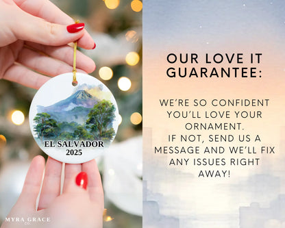Custom El Salvador ceramic photo ornament with personalized message – handmade Christmas bauble, gift souvenir, or vacation keepsake.  Love it guarantee