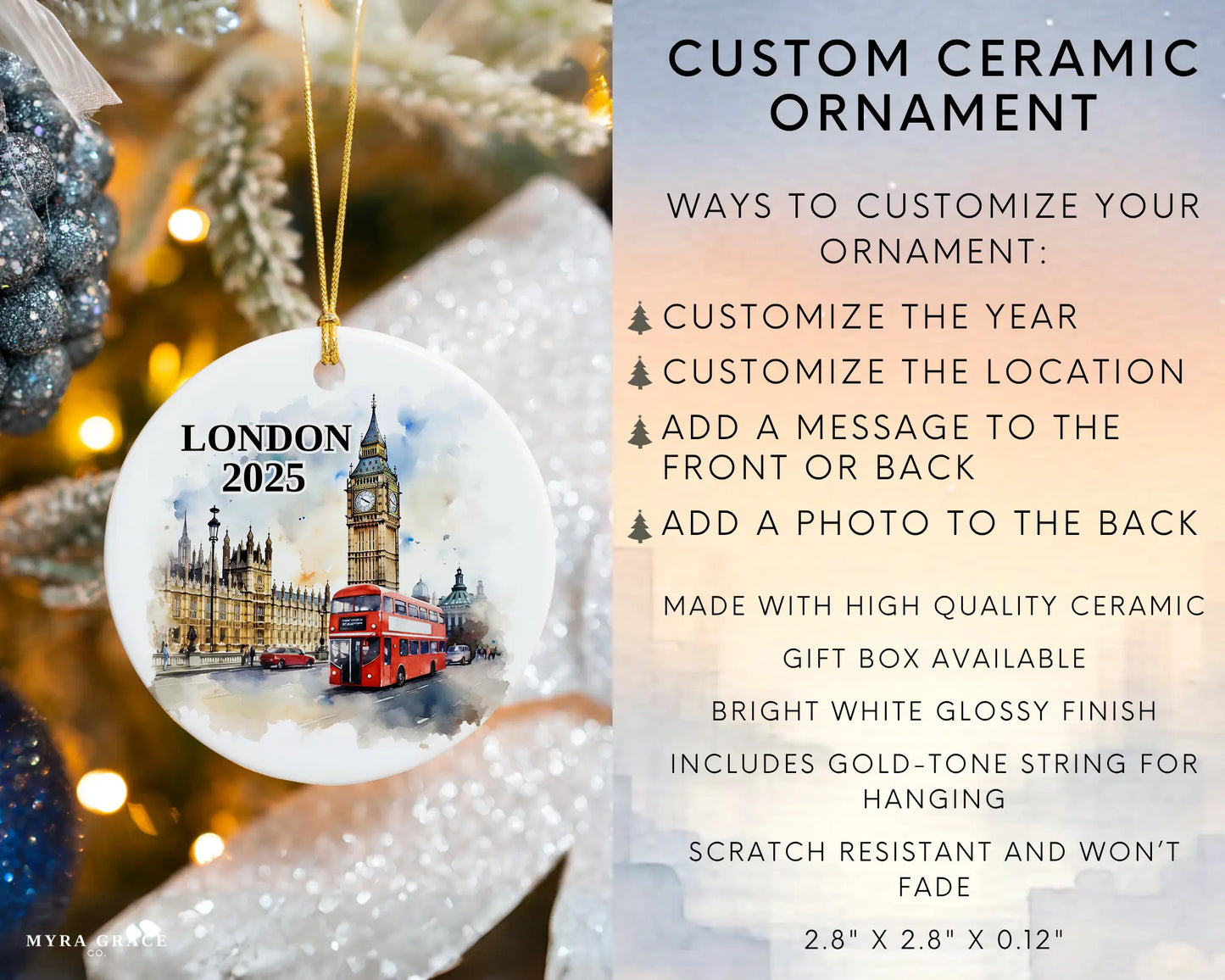 Custom London UK ceramic photo ornament with personalized message – handmade Christmas bauble, gift souvenir, or vacation keepsake.  Infographic
