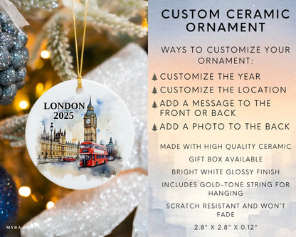 Custom London UK ceramic photo ornament with personalized message – handmade Christmas bauble, gift souvenir, or vacation keepsake.  Infographic