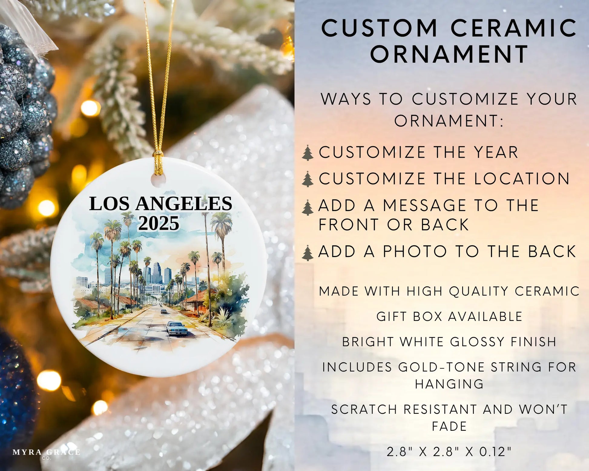 Custom Los Angeles California ceramic photo ornament with personalized message – handmade Christmas bauble, gift souvenir, or vacation keepsake.  Infographic